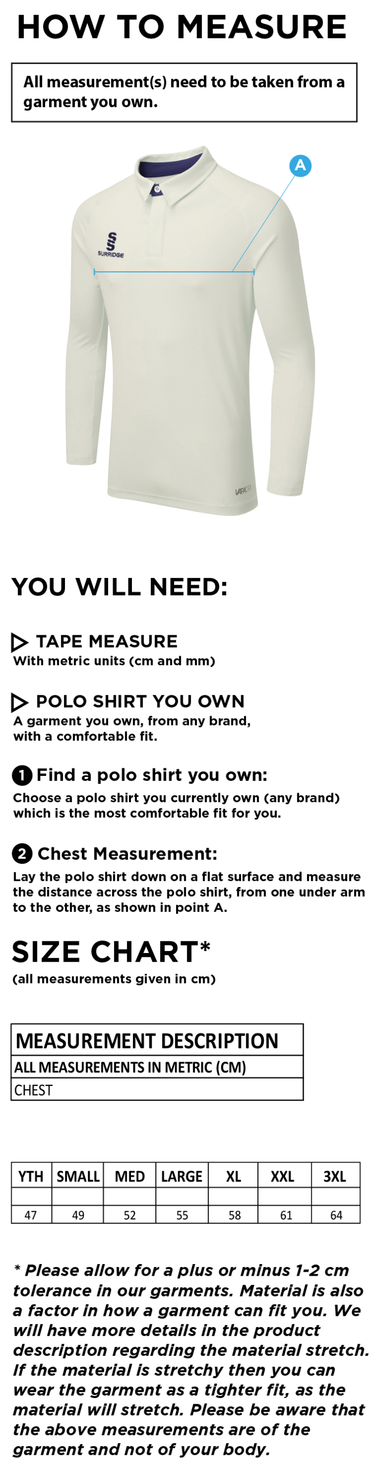 Weaverham Cricket Club - Long Sleeved Cricket Shirt - Size Guide