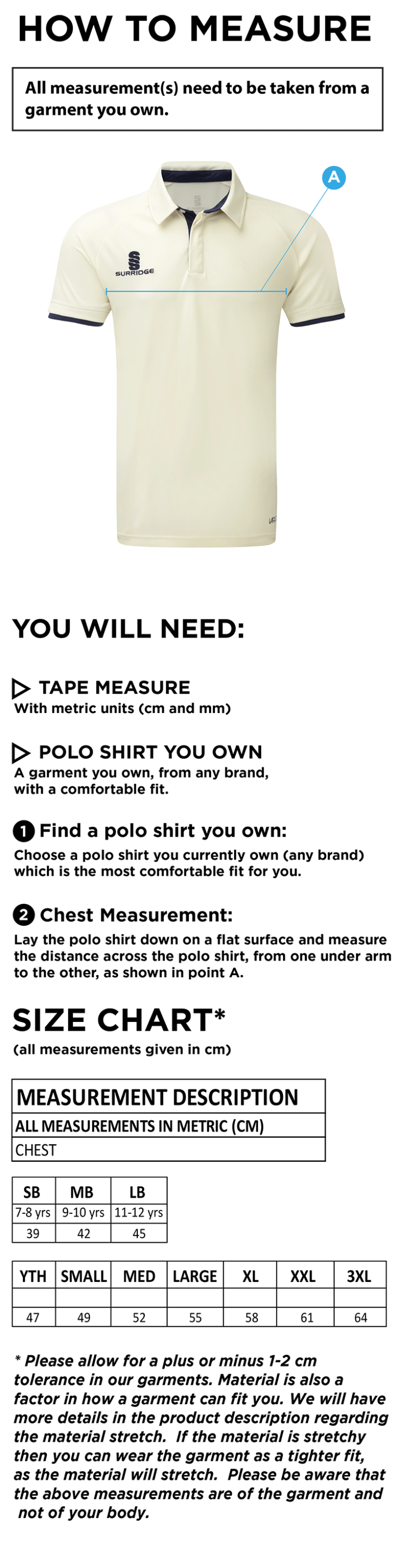 Weaverham Cricket Club - Short Sleeved Ergo Cricket Shirt - Size Guide