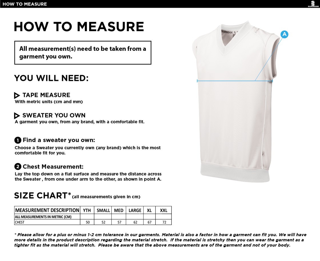 Weaverham Cricket Club - Curve Sleeveless Sweater - Size Guide