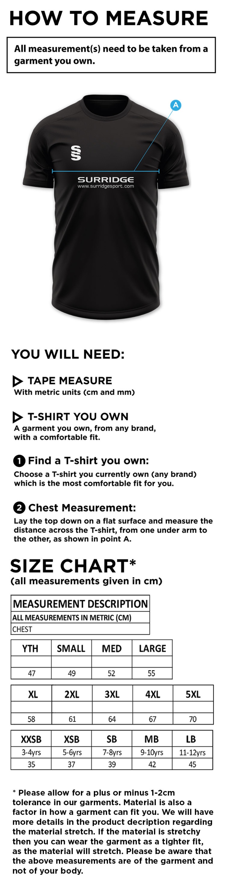 Weaverham Cricket Club - Dual Games Shirt - Size Guide