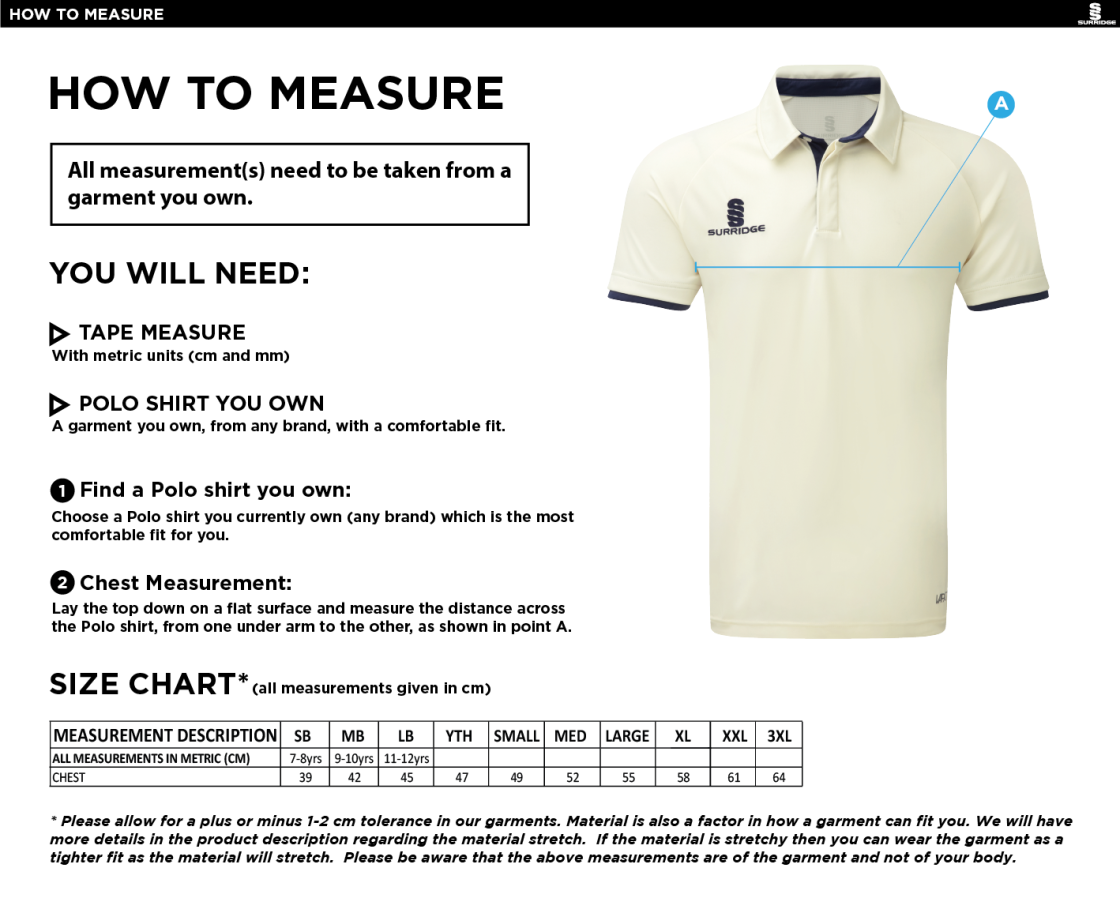 Weaverham Cricket Club - Short Sleeved Ergo Cricket Shirt - Size Guide