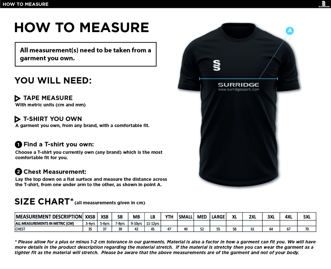 Weaverham Cricket Club - Dual Games Shirt - Size Guide