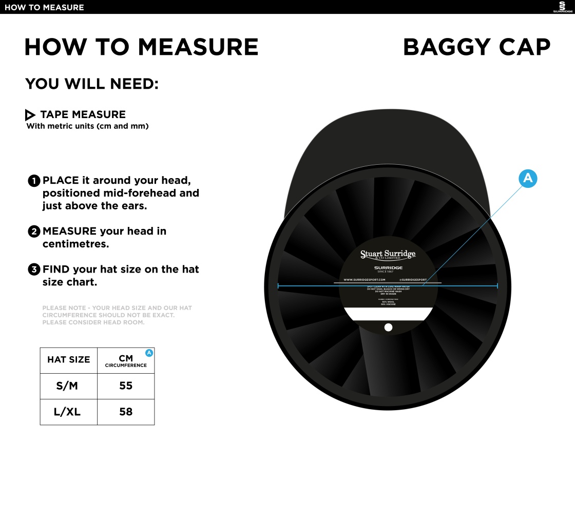 Weaverham Cricket Club - Baggy Cricket Cap - Size Guide