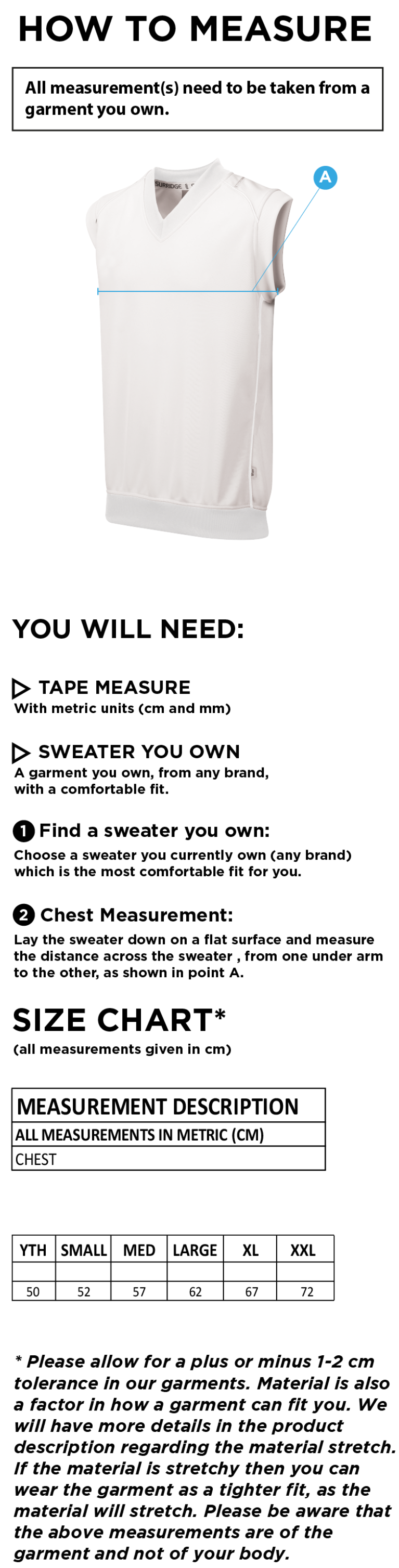 Weaverham Cricket Club - Curve Sleeveless Sweater - Size Guide