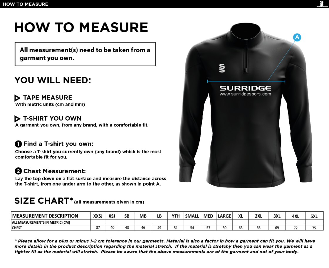 Weaverham Cricket Club - Performance Top - Size Guide