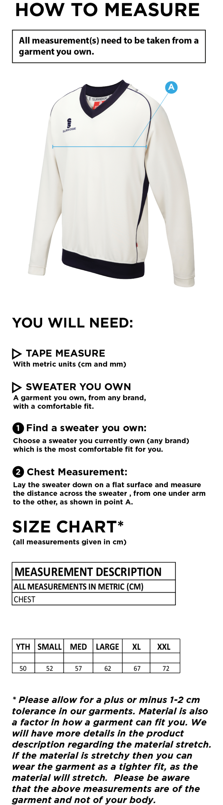 Weaverham Cricket Club - Curve Long Sleeve Sweater - Size Guide