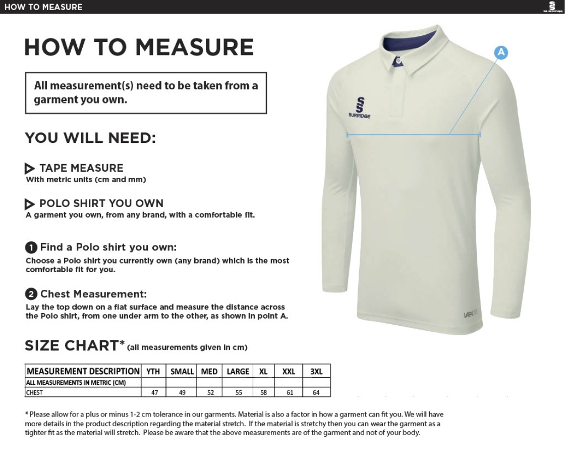 Weaverham Cricket Club - Long Sleeved Cricket Shirt - Size Guide